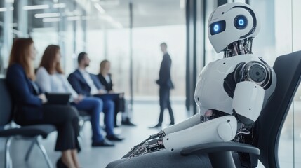Humanoid AI robot is waiting for a job interview, symbol ofdisplacement of employees by artificial intelligence in global corporations