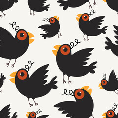 Pattern with black birds. Cute character. Flat style illustration