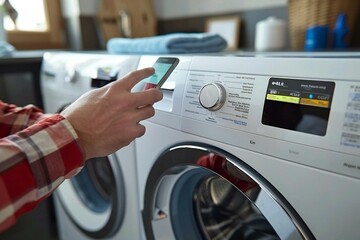 close-up photo of a man's hand using a mobile phone to check the energy label on a washing machine at home. The image highlights the concept of using smart appliances for more efficient