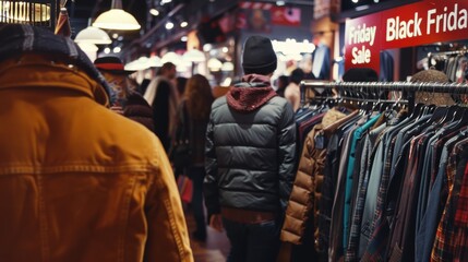 Fototapeta premium Black Friday Shopping Frenzy in Trendy Fashion Boutique Packed with Shoppers and Winter Apparel