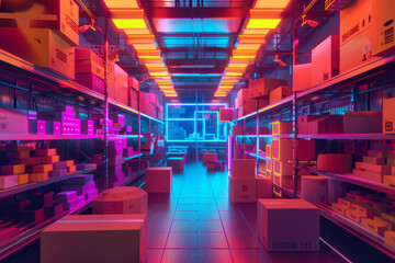 Fototapeta premium A neon lit warehouse with boxes on the shelves