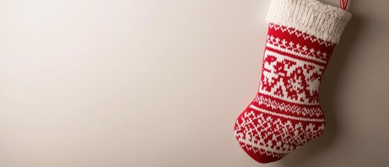 A red and white knitted stocking sits on a white background