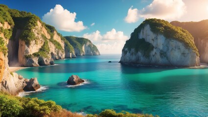 Naklejka premium Breathtaking coastal cliffs overlooking calm waters on a sunny day.