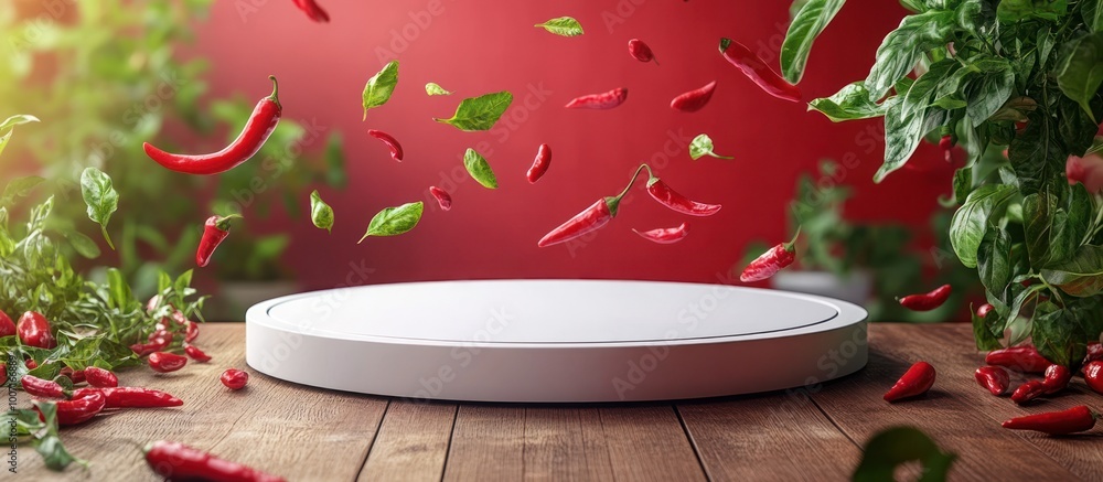 Sticker White podium on wooden tabletop with red chili peppers and green leaves in the air.