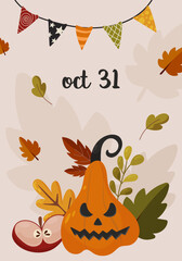 Halloween card. Illustration of pumpkin, autumn botany and colorful garland. Cartoon style, vector design