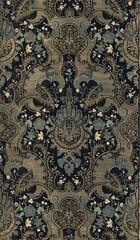  close-up of black damask fabric with floral gold pattern.