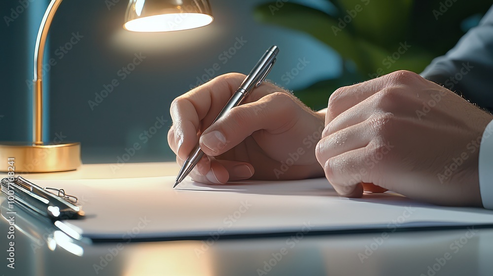 Poster hands of a business professional typing notes during a training session, showing dedication to learn