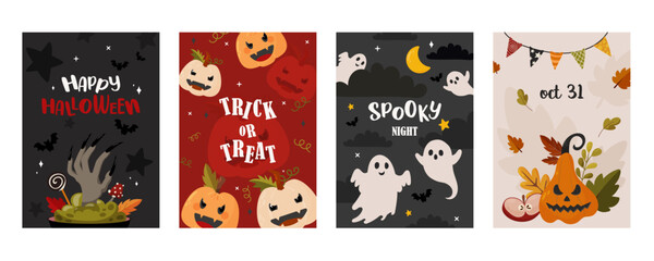 Halloween social media template poster for stories, vertical banner. Cute characters. Flat style illustration with cute characters. Vector design for autumn festivities