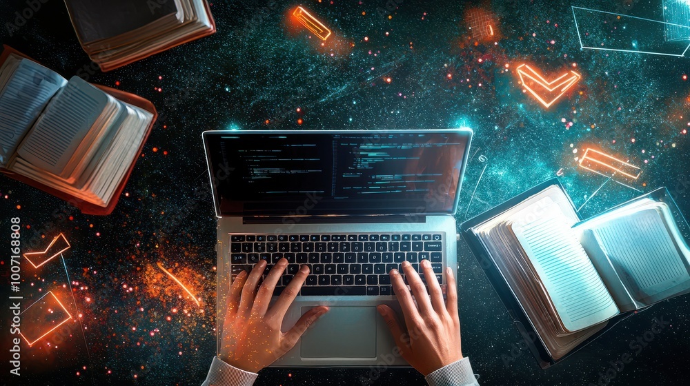 Poster hands of a student typing on a laptop, with books and notes scattered on the desk, representing mode