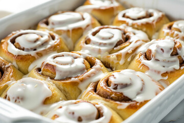 A white dish filled with cinnamon rolls