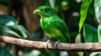 Obraz premium Green Broadbill Bird Perched on a Branch in Nature, Photo Realistic, Wallpaper, Cover and Screen for Smartphone, PC, Laptop, 9:16 and 16:9 Format