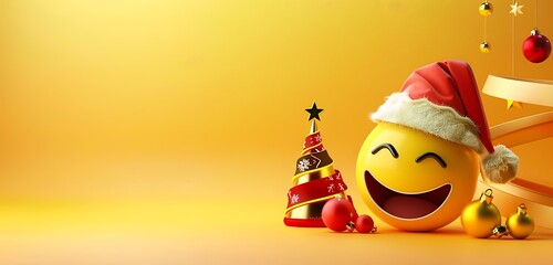Holiday emoji with Santa hat and Christmas tree decor, isolated on a yellow gradient background with abstract minimalist design elements