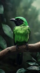 Naklejka premium Green Broadbill Bird Perched on a Branch in Nature, Photo Realistic, Wallpaper, Cover and Screen for Smartphone, PC, Laptop, 9:16 and 16:9 Format