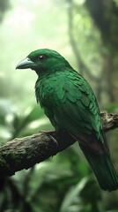Obraz premium Green Broadbill Bird Perched on a Branch in Nature, Photo Realistic, Wallpaper, Cover and Screen for Smartphone, PC, Laptop, 9:16 and 16:9 Format