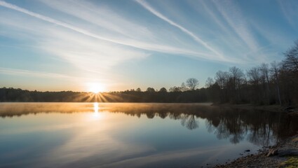 Breathtaking Sunrise Reflected Over Serene Lake Symbolizing New Beginnings and Fresh Starts.