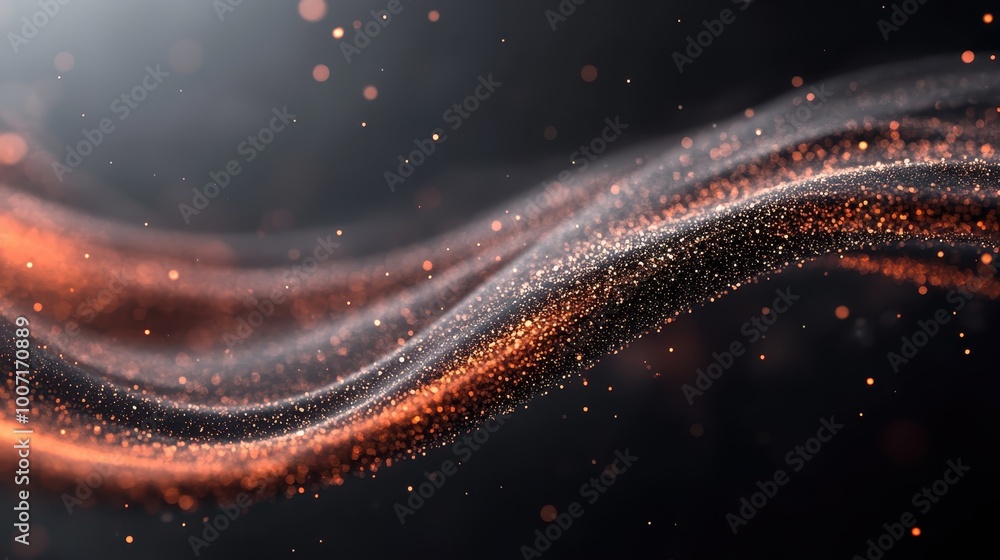 Poster an enthralling visual of a dynamic swirl of luminous particles in vibrant orange hues, set in a dark