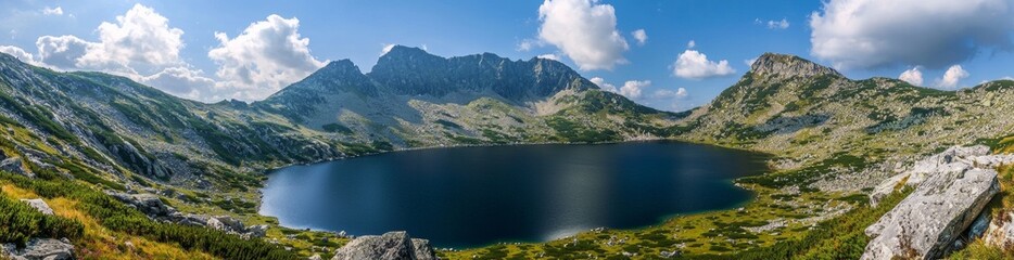 The bright blue sky with fluffy clouds is framed by a panoramic mountain landscape