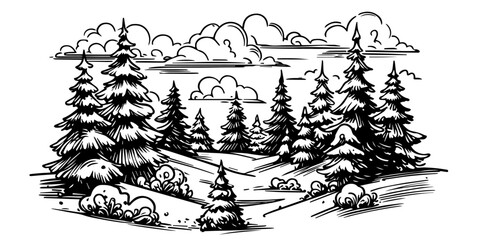 detailed winter landscape with snowy forest and mountains black vector