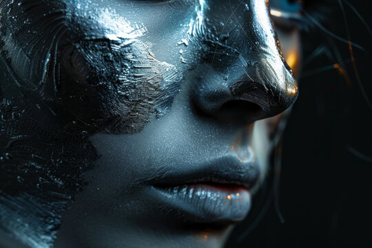 A woman's face is covered in silver paint, giving her a metallic appearance