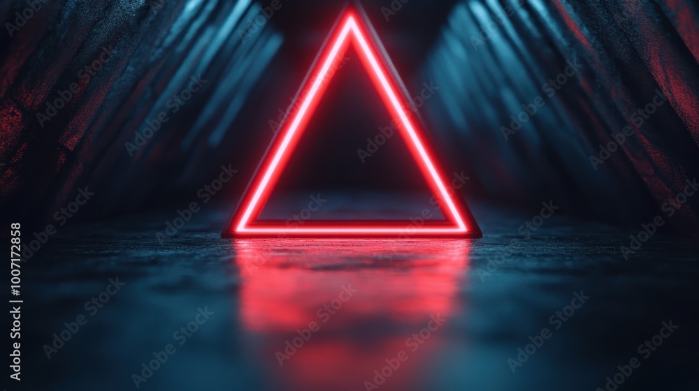 Poster this image features a glowing neon triangle centered within a dark, reflective tunnel, creating a ca