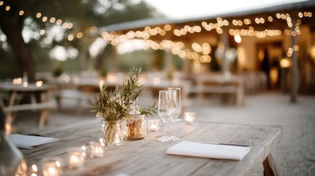 An enchanting outdoor dining setup featuring a rustic wooden table adorned with candles and greenery, set on a patio illuminated by twinkling string lights.