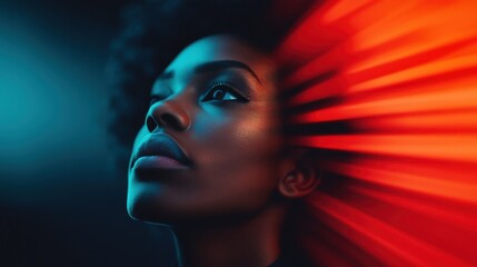 A dramatic portrait framed by intense lighting in red and blue tones, highlighting a woman's expressive feature with an aura of introspection and modern edge.