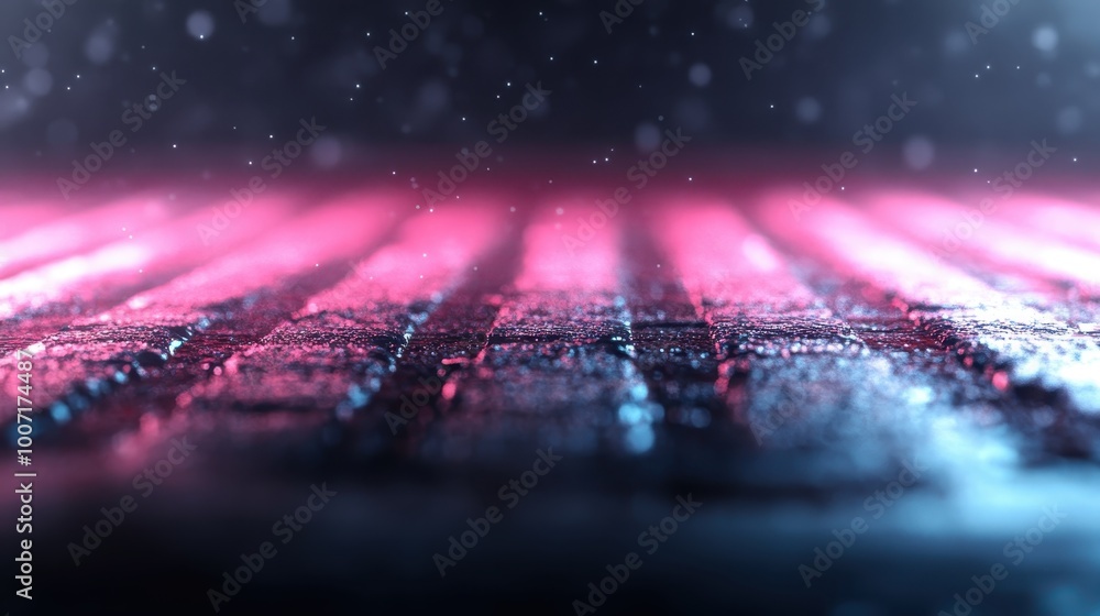 Poster close-up view of shimmering wet bricks reflecting neon pink light, presenting a vibrant yet mysterio