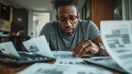 A man appears overwhelmed by the numerous bills and papers scattered in front of him on a table, highlighting a scene of financial stress and burden.