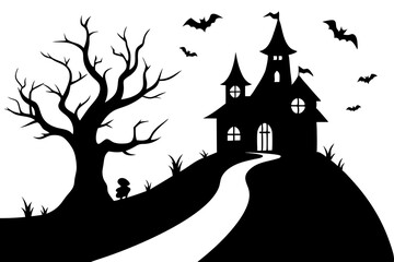 Halloween spooky night with an old road leading to haunted house. 