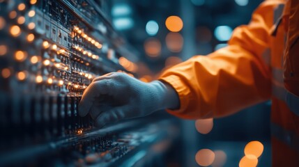 A technician in orange clothing operates a control panel, adjusting switches with precision. Soft lighting highlights the intricate setup and the technician's focus.