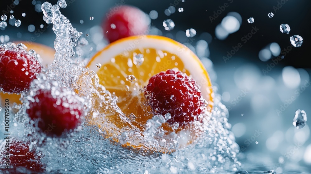 Poster this image captures a dynamic splash with an orange slice and raspberry, showcasing vibrant colors a