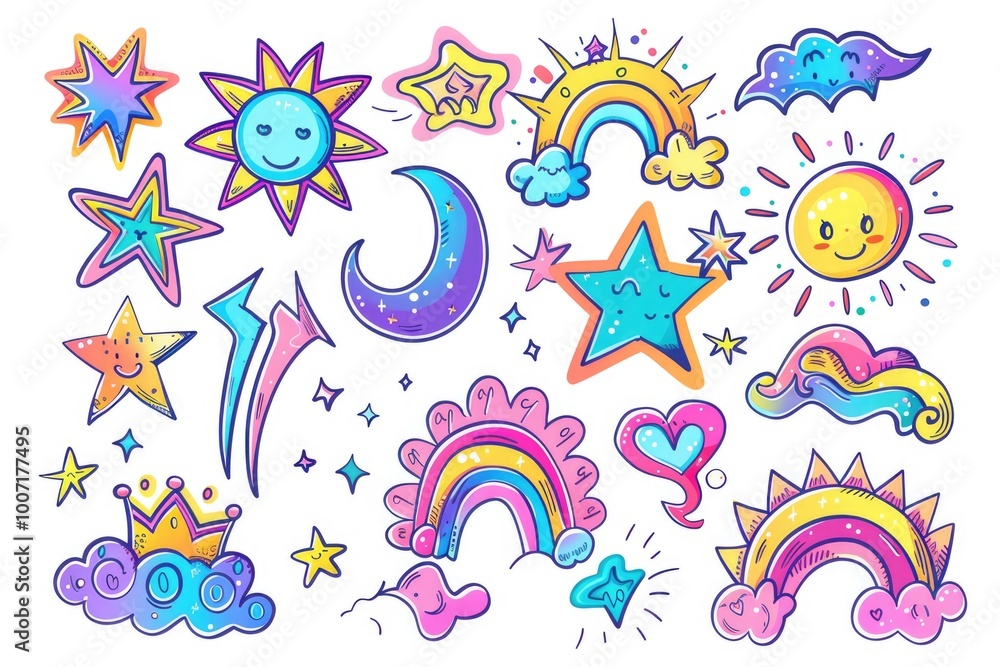 Poster a collection of colorful stickers on a white background, perfect for creating artwork or adding deco