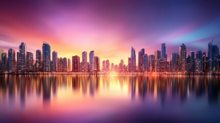 Majestic city skyline at sunset, with buildings illuminated against a vibrant sky, reflecting on a calm river below