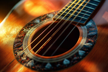 Close-up of guitar strings with sunlight reflections creating a vibrant and detailed shot for musical instrument, sound, or artistic photography concepts