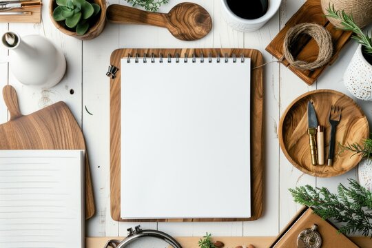 A wooden cutting board with a notepad placed on top, ideal for jotting down recipes or meal ideas