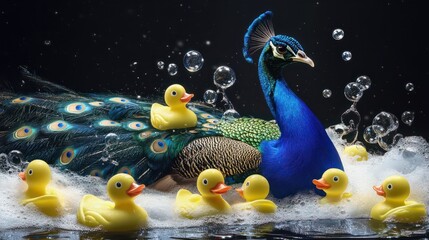 Fototapeta premium Peacock in a Bubble Bath with Rubber Ducks