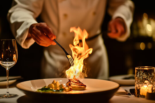 A chef flambeing a dish tableside in a fine dining restaurant.A chef is cooking an impressive plate of food with flames rising