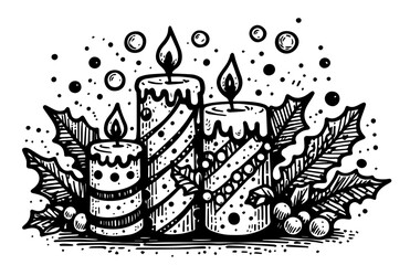 festive candle arrangements with pine and holly in black vector style