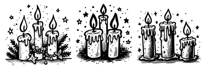 black vector christmas candle arrangement with holly and pine decorations