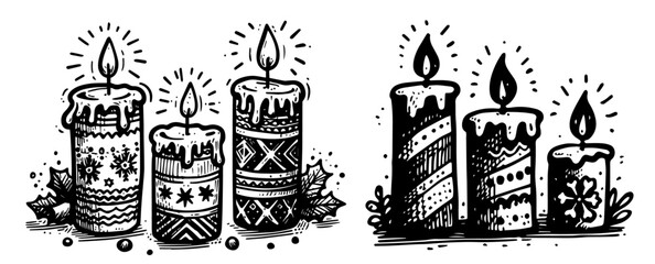 hand-drawn christmas candles with pine branches and holly black vector