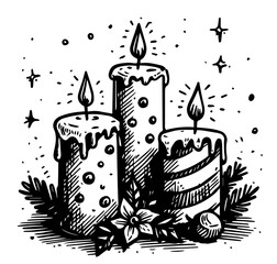 christmas candles with decorative pine branches and berries black vector