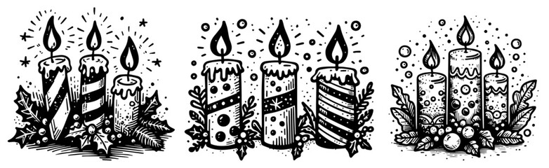 holiday candle set with pine branches and festive ribbons black vector