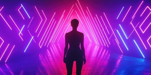 a woman standing in front of neon lights