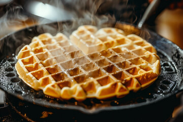 A waffle is cooking in a pan with steam coming out of it