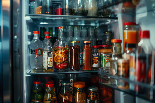 A refrigerator is full of condiments and bottles