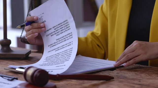 Lawyer is carefully reviewing a contract agreement with her client, pointing out important clauses and explaining the terms