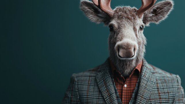 A whimsical anthropomorphic deer dressed in checkered suit poses against a green background, blending imaginative depiction with a touch of humor and elegance.