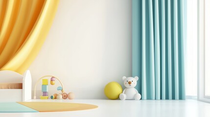 Minimalistic kids' bedroom with a simple bed, colorful curtains, and a play area featuring stuffed toys and educational games