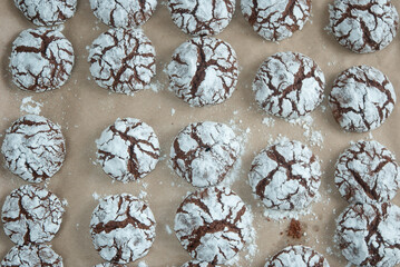 Chocolate cookies with white powder on baking sheet, sweet dessert.