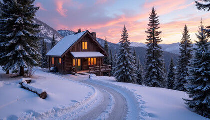 Naklejka premium Cozy cabin in snowy forest at sunset